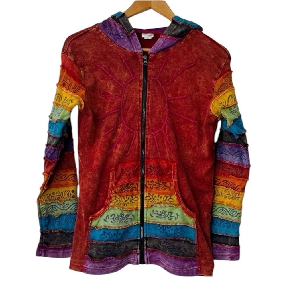 Greater Good Boho Patchwork Hoodie S/M Rainbow Striped Hippie Tie Die Zip Jacket
